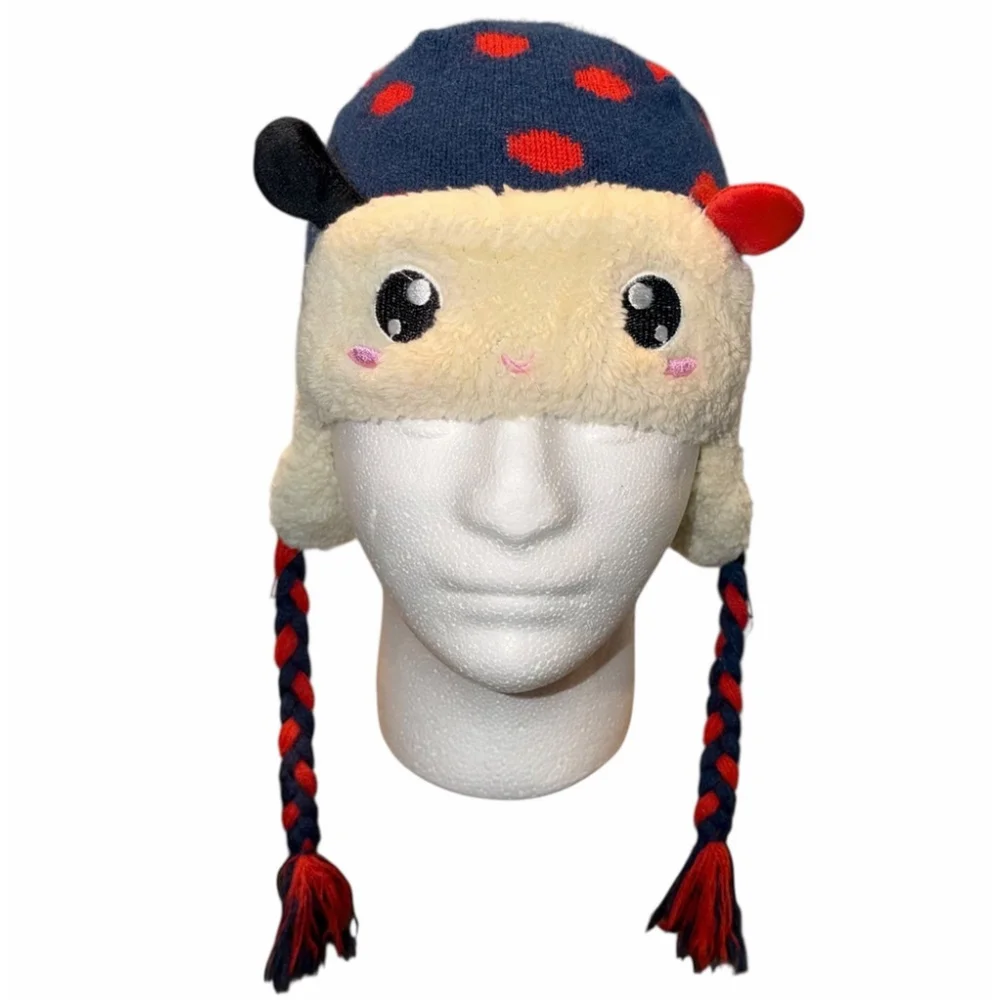 Girls Lady Bug Face Winter Knit Hat With Ear Flaps Blue Red Beanie
